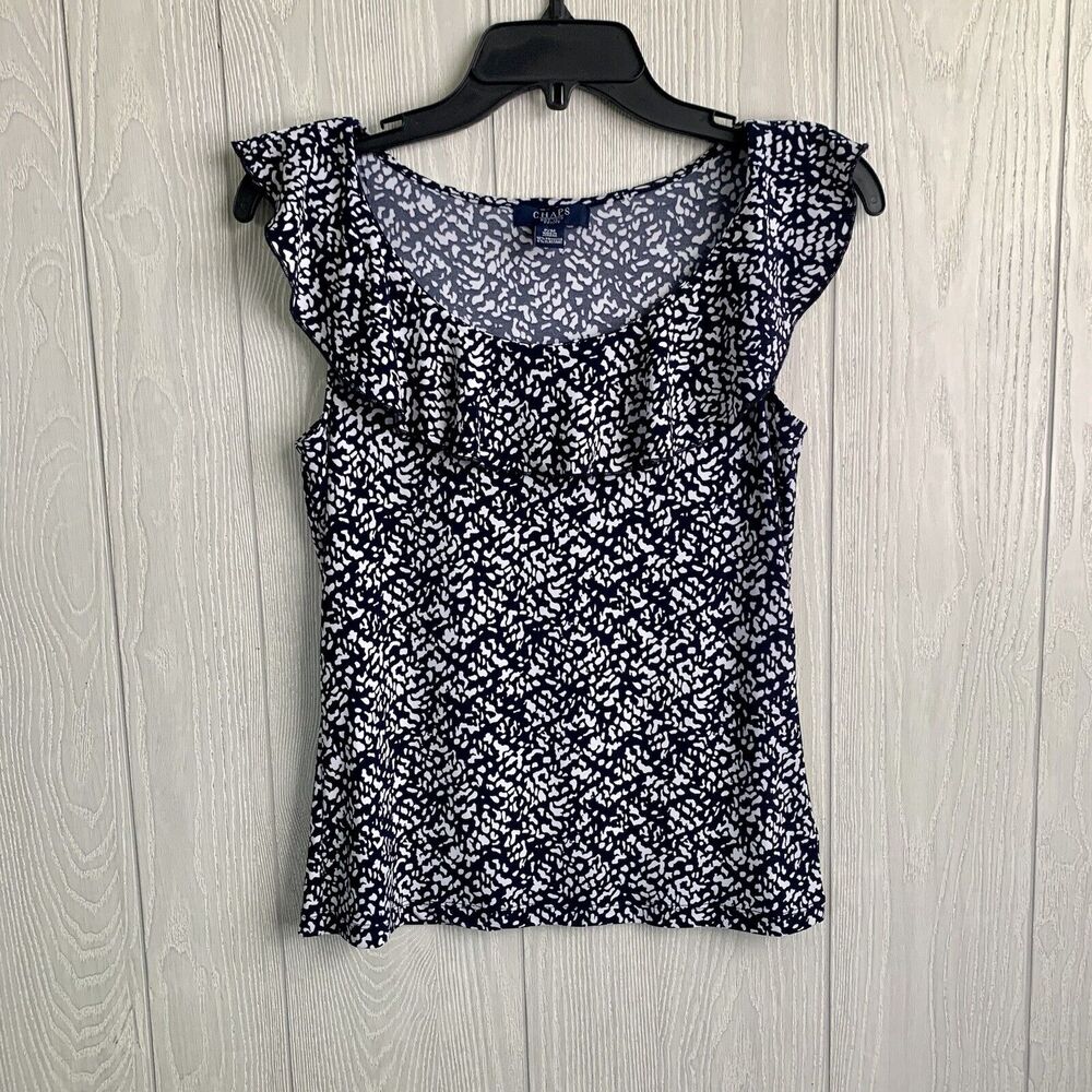 Chaps Petite Blue White Ruffle Sleeveless Top Size PM